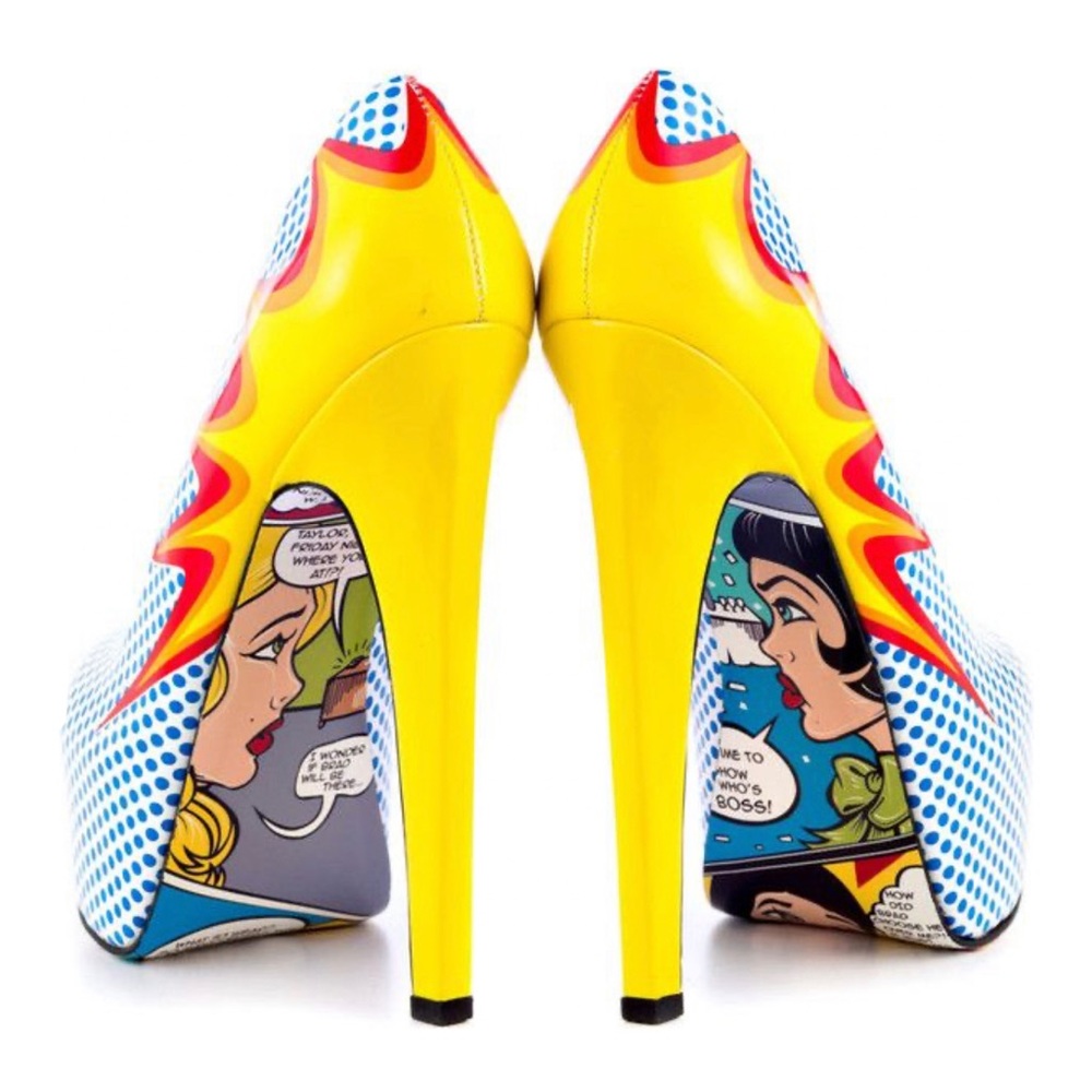 TAYLOR SAYS TALIA COMIC EXPLOSION blue white polka dot yellow red platform heels